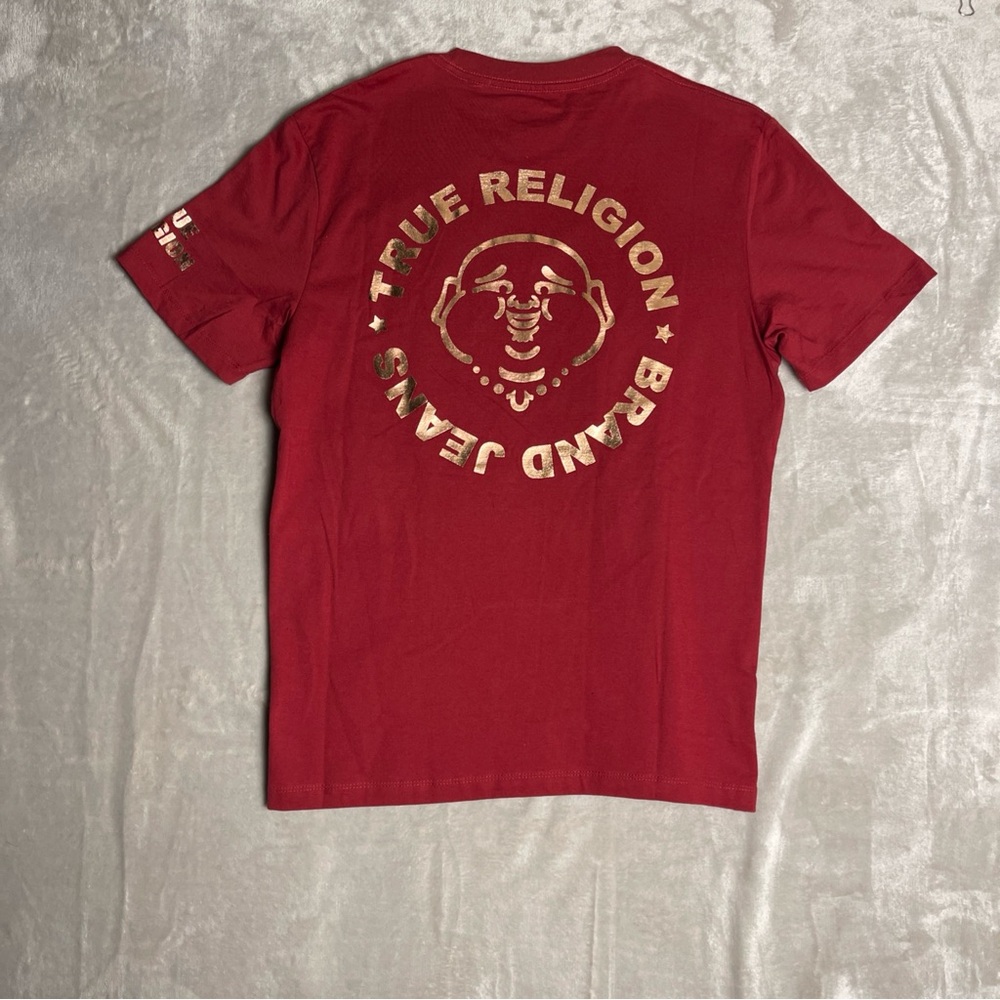 True Religion Brand Jeans Men Red Buddha Logo Short Sleeve T-Shirt Size L NWT